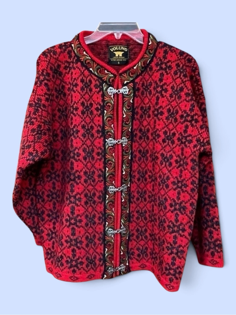 Volund Norwegian Lambswool Cardigan Sweater Jumper Red Black Nordic Toggle Sz S